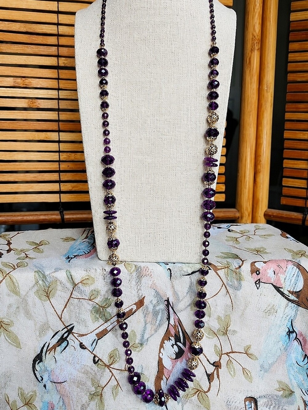 Royal Dark Purple Faceted Glass Beaded Opera Length Gold Tone Amethyst Necklace